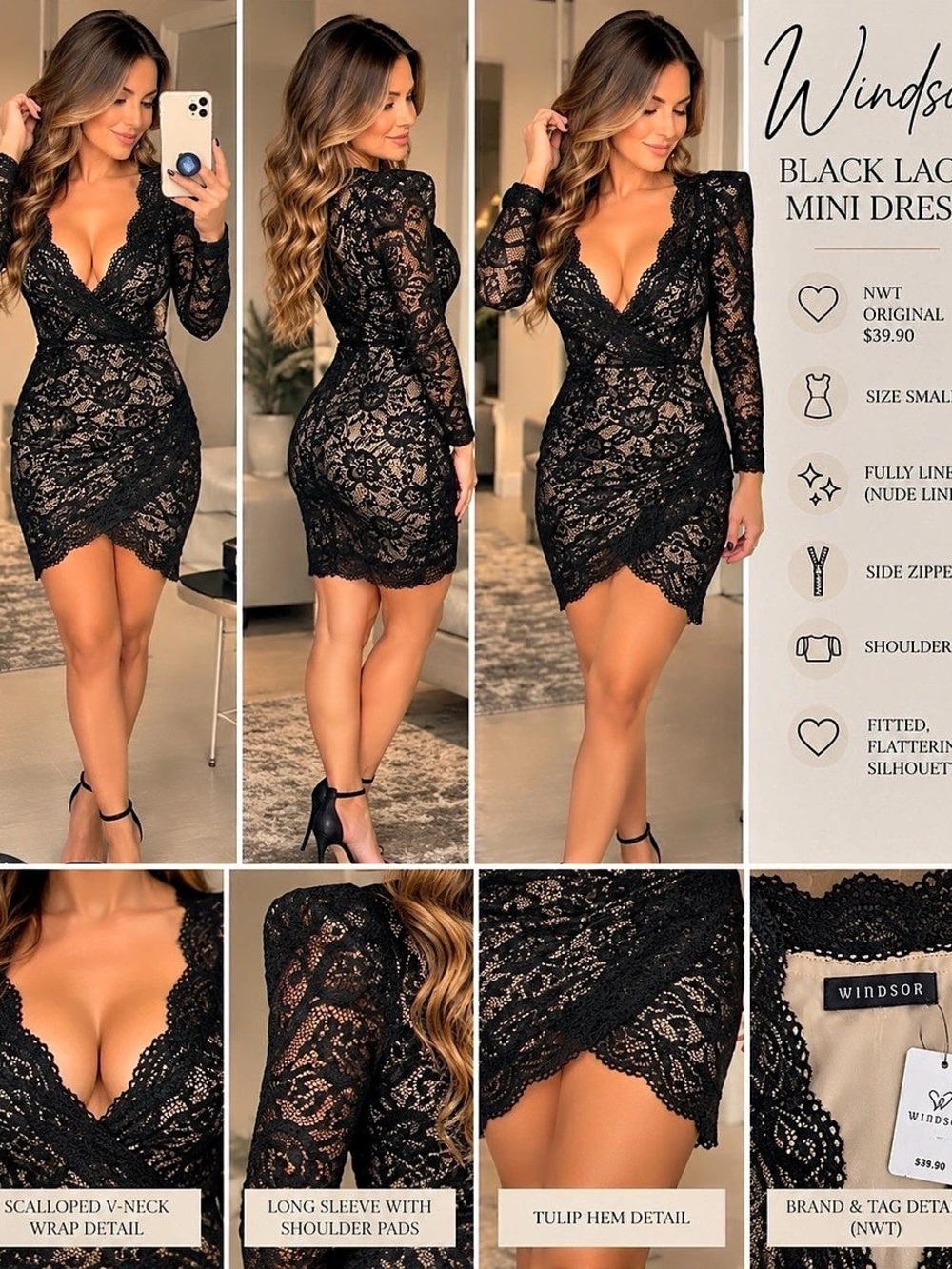 Windsor Undeniable Lace Long Sleeve Mini Dress Black Small